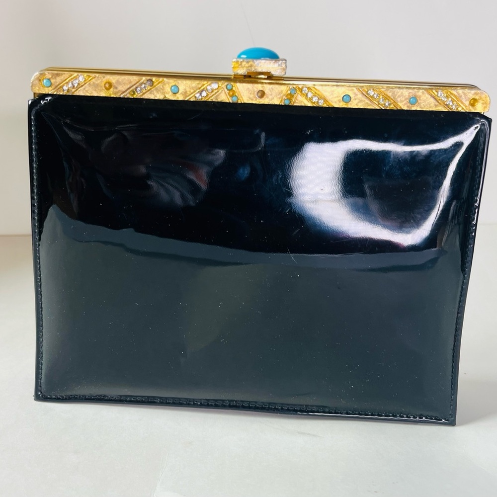 VTG Meyers 1960s Mod Black Patent Leather Clutch Handle Handbag Purse Pocketbook